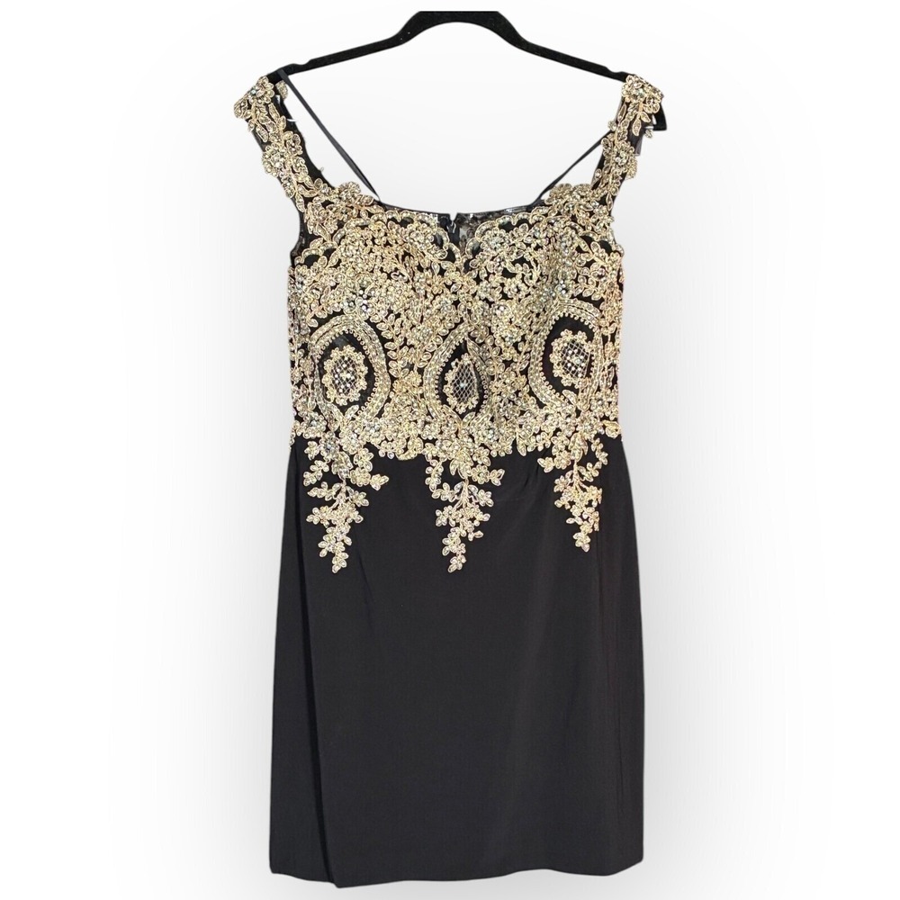 Abby Paris Black Gold Embellished Off Shoulder Cocktail Dress Bodycon Size 6 - Picture 2 of 5